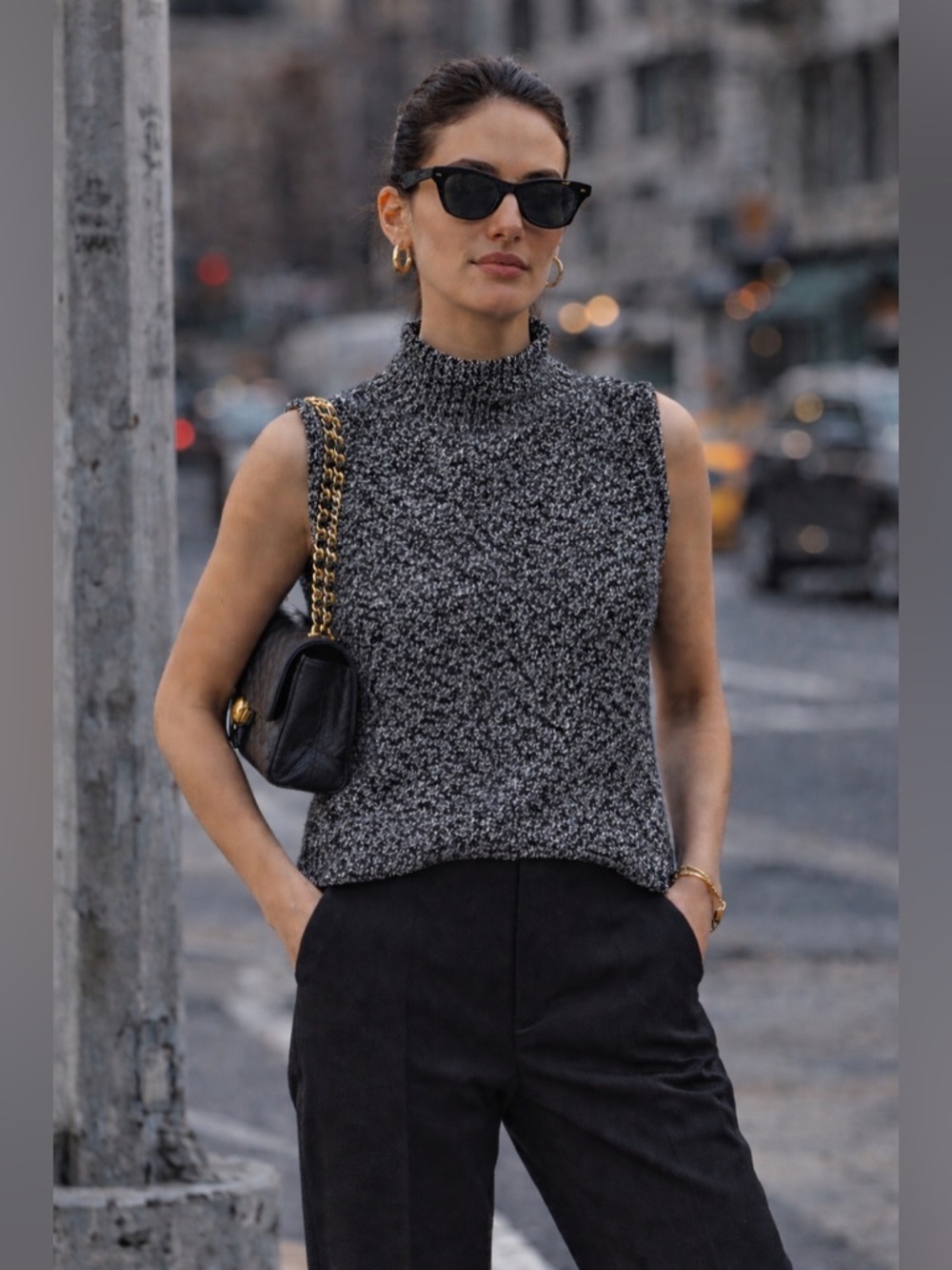 Black & White Marled Knit Mock Neck Sleeveless Top | 100% Cotton